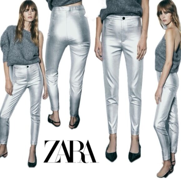 Pants - Zara metallic silver liquid foil mid rise slim fit leggings pants Sz XS NWT